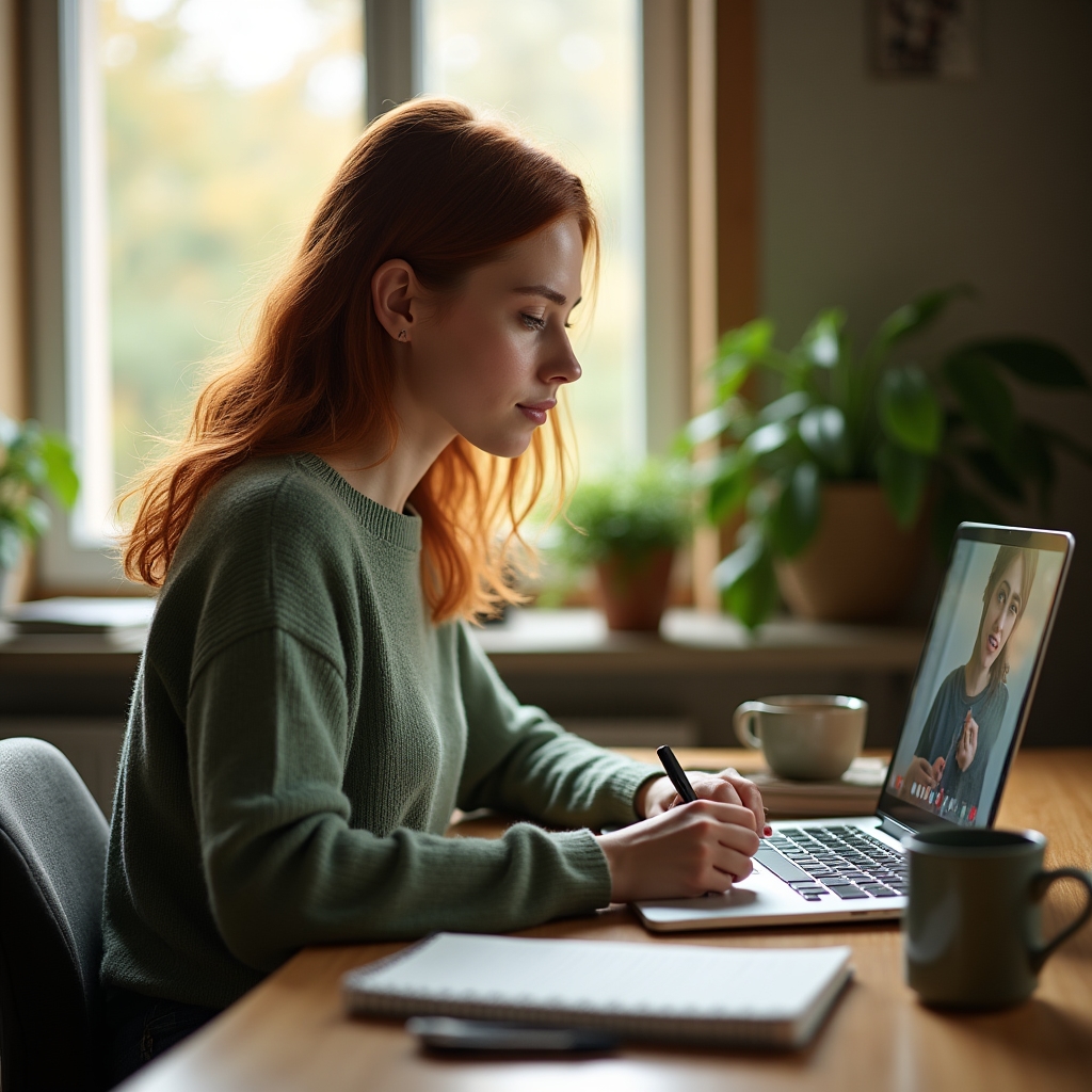 Prowadzący webinar na ekranie laptopa, uczestniczka robi notatki w notatniku przy oknie